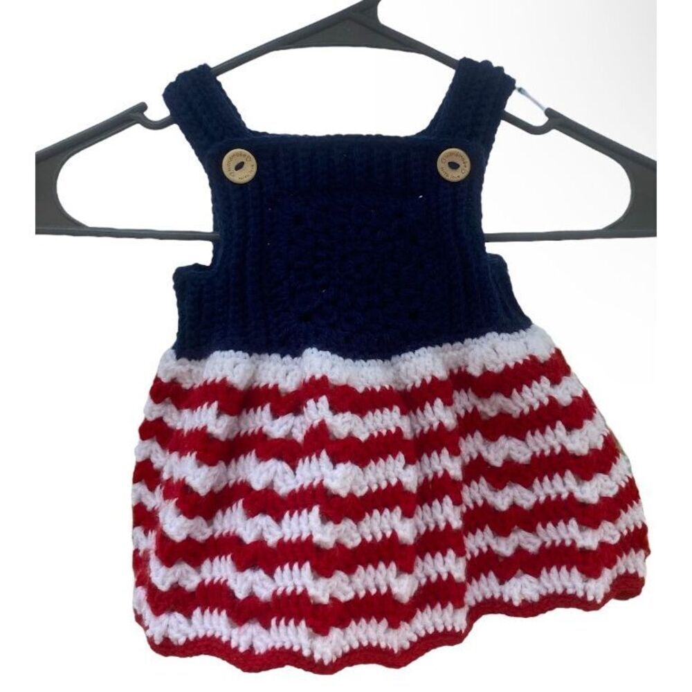 Handmade Crocheted Patriotic Baby Dress Size 0-3 Months